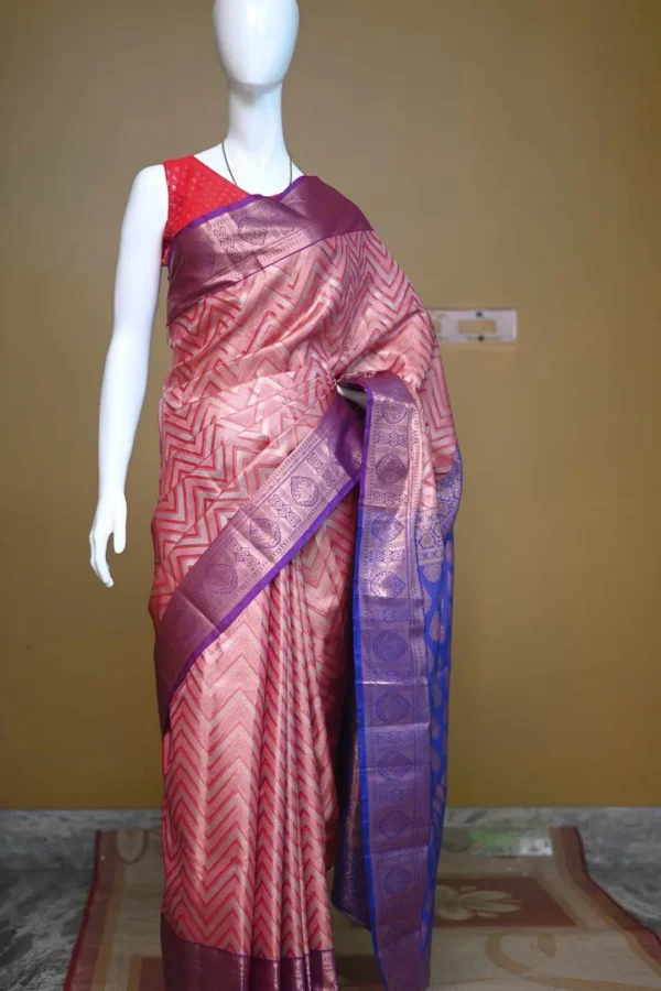 Rust color with blue border kanjivaram work on Pure silk saree