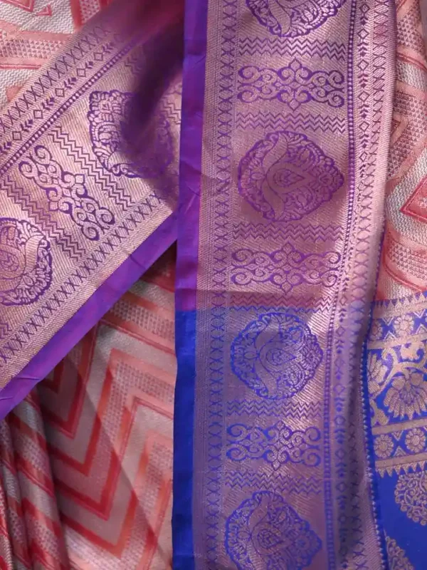 Rust color with blue border kanjivaram work on Pure silk saree