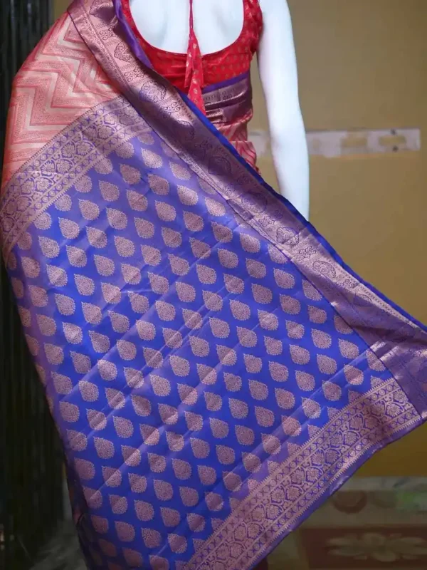 Rust color with blue border kanjivaram work on Pure silk saree
