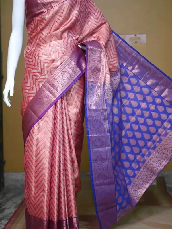 Rust color with blue border kanjivaram work on Pure silk saree