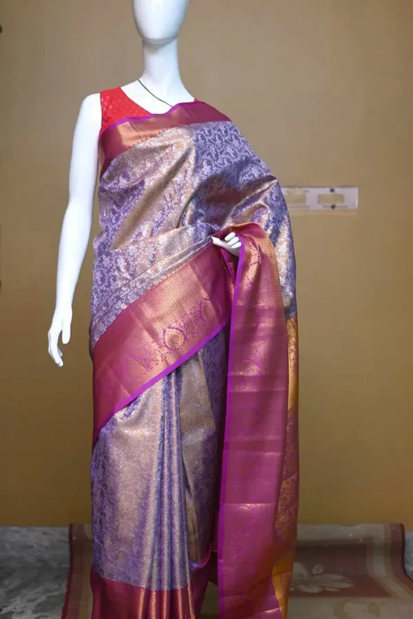 Lavender color with maroon border kanjivaram work on Pure silk saree