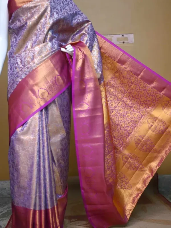 Lavender color with maroon border kanjivaram work on Pure silk saree