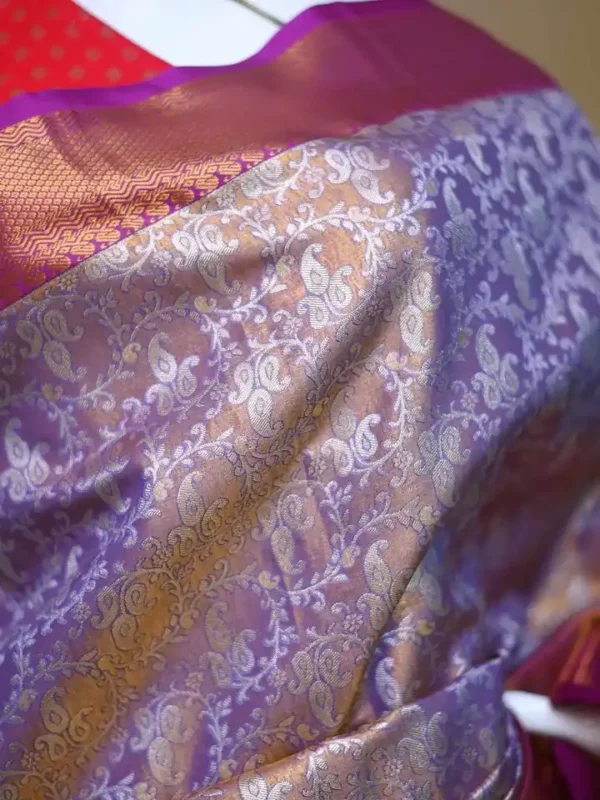 Lavender color with maroon border kanjivaram work on Pure silk saree