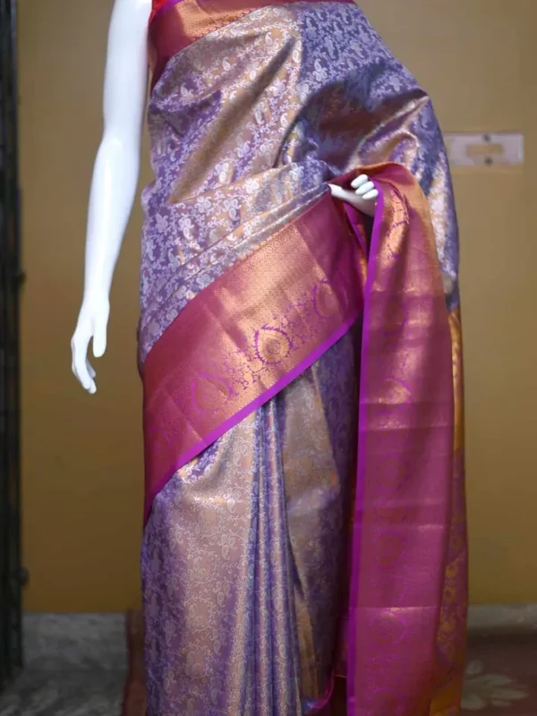 Lavender color with maroon border kanjivaram work on Pure silk saree