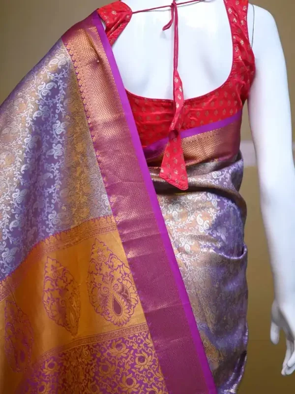 Lavender color with maroon border kanjivaram work on Pure silk saree