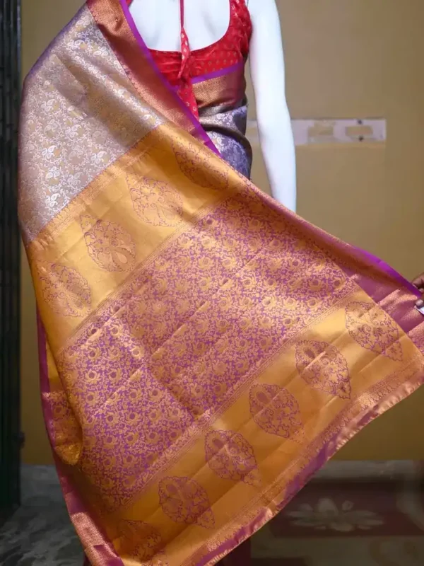 Lavender color with maroon border kanjivaram work on Pure silk saree