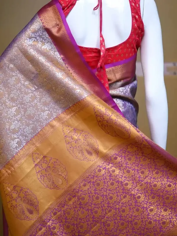 Lavender color with maroon border kanjivaram work on Pure silk saree
