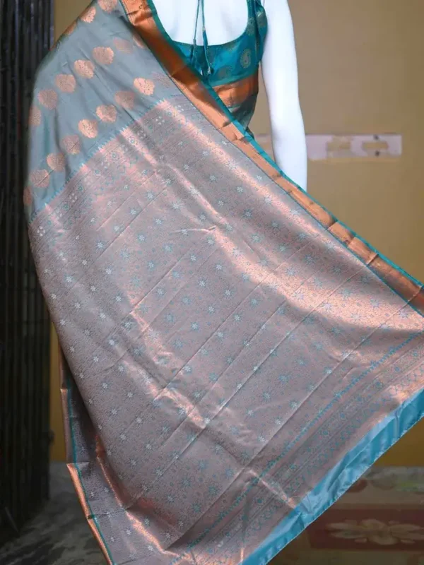 Green color with copper jari border kanjivaram work on Pure silk saree