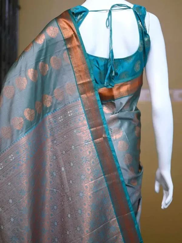 Green color with copper jari border kanjivaram work on Pure silk saree