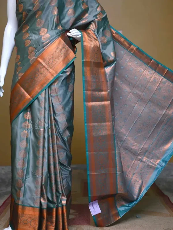 Green color with copper jari border kanjivaram work on Pure silk saree