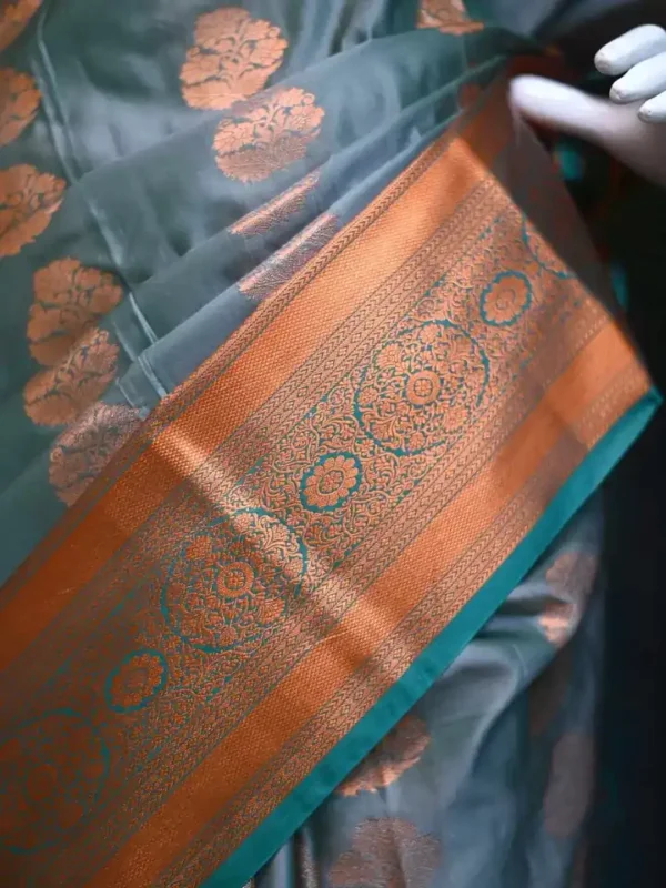 Green color with copper jari border kanjivaram work on Pure silk saree