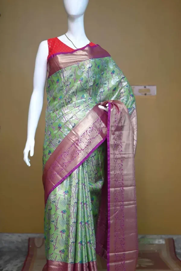 Light green color with purple border kanjivaram work on Pure silk saree