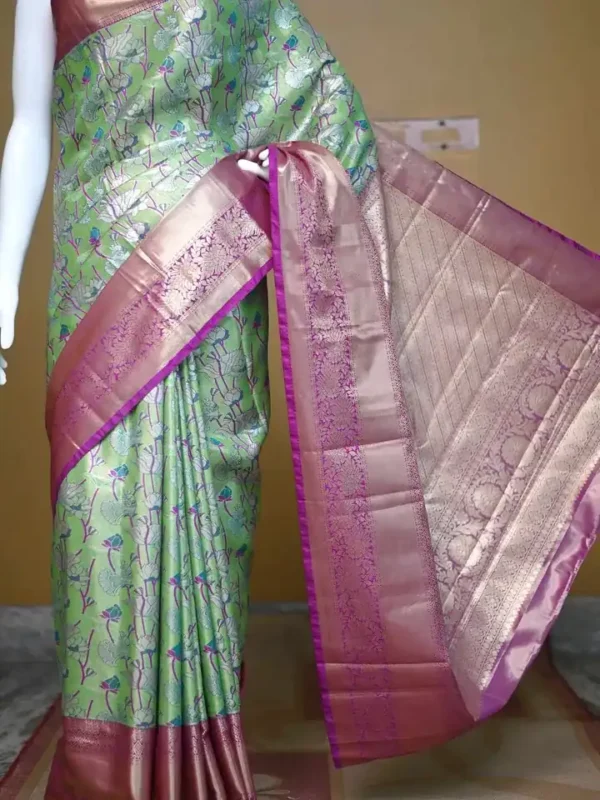 Light green color with purple border kanjivaram work on Pure silk saree