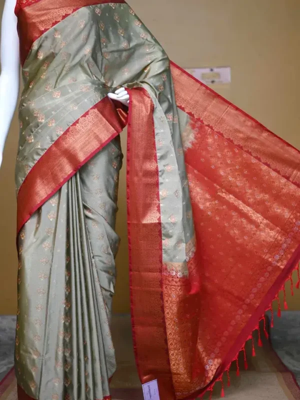 Pesta green color with maroon border kanjivaram work on Pure silk saree