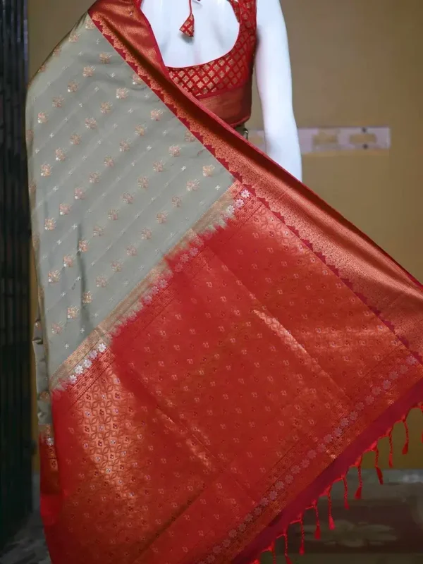Pesta green color with maroon border kanjivaram work on Pure silk saree