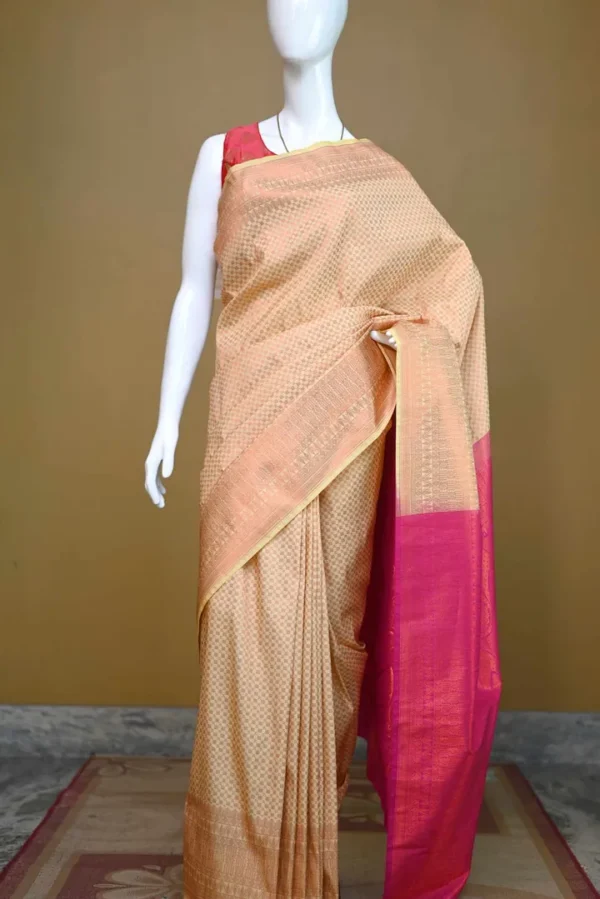 Biscuit color with maroon border kanjivaram work on Pure silk saree