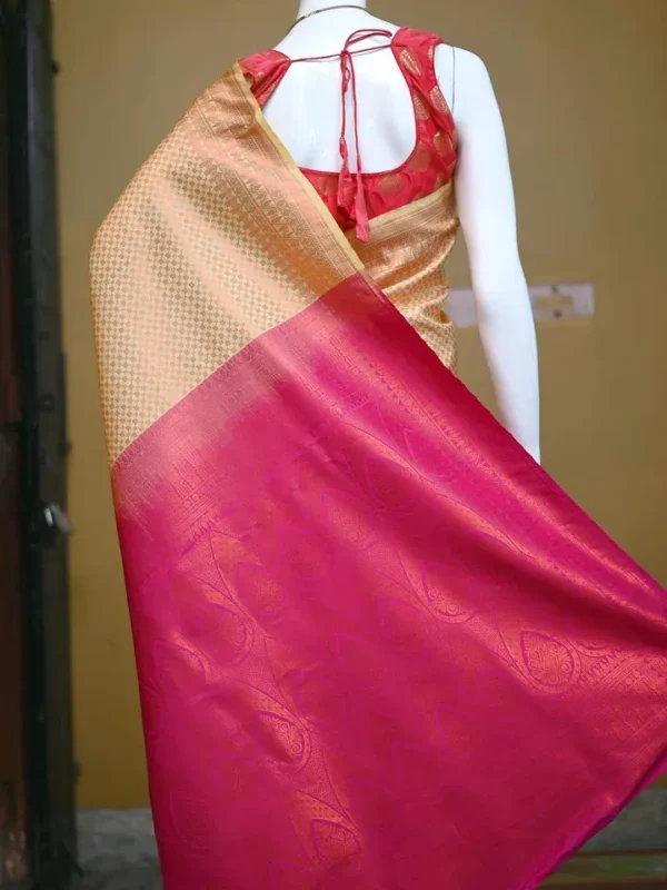 Biscuit color with maroon border kanjivaram work on Pure silk saree