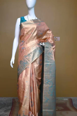 Peach color with sky blue border kanjivaram work on Pure silk saree