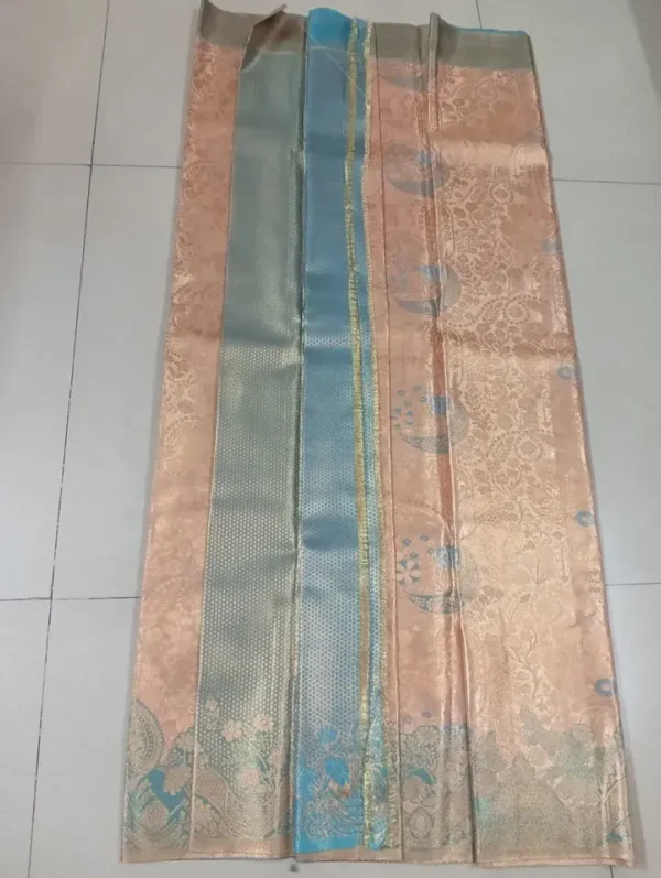 Peach color with sky blue border kanjivaram work on Pure silk saree