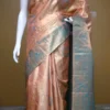 Peach color with sky blue border kanjivaram work on Pure silk saree
