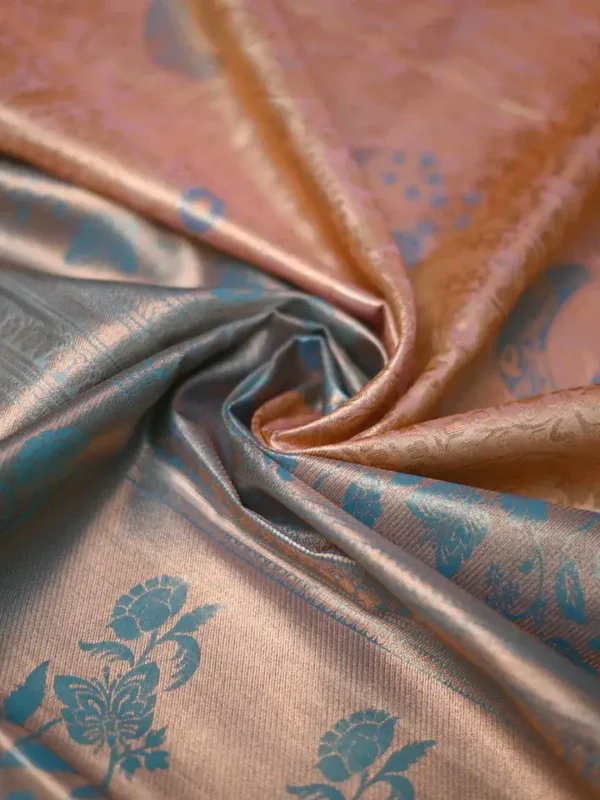 Peach color with sky blue border kanjivaram work on Pure silk saree