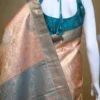 Peach color with sky blue border kanjivaram work on Pure silk saree