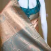 Peach color with sky blue border kanjivaram work on Pure silk saree