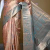 Peach color with sky blue border kanjivaram work on Pure silk saree
