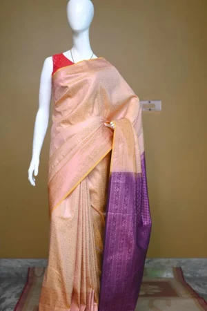 Peach with purple border kanjivaram work on Pure silk saree
