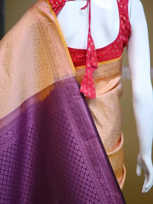Peach with purple border kanjivaram work on Pure silk saree