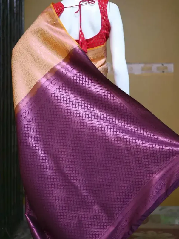 Peach with purple border kanjivaram work on Pure silk saree