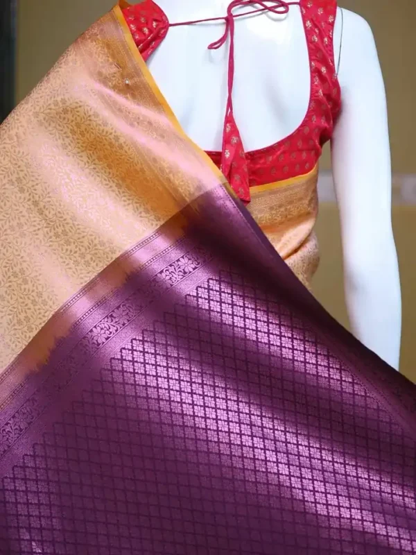 Peach with purple border kanjivaram work on Pure silk saree
