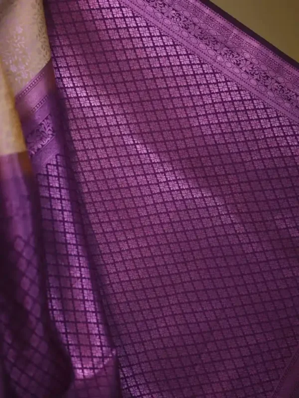 Peach with purple border kanjivaram work on Pure silk saree