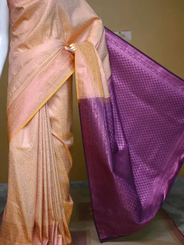 Peach with purple border kanjivaram work on Pure silk saree