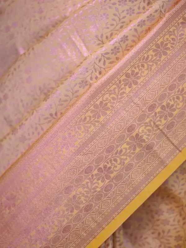 Peach with purple border kanjivaram work on Pure silk saree