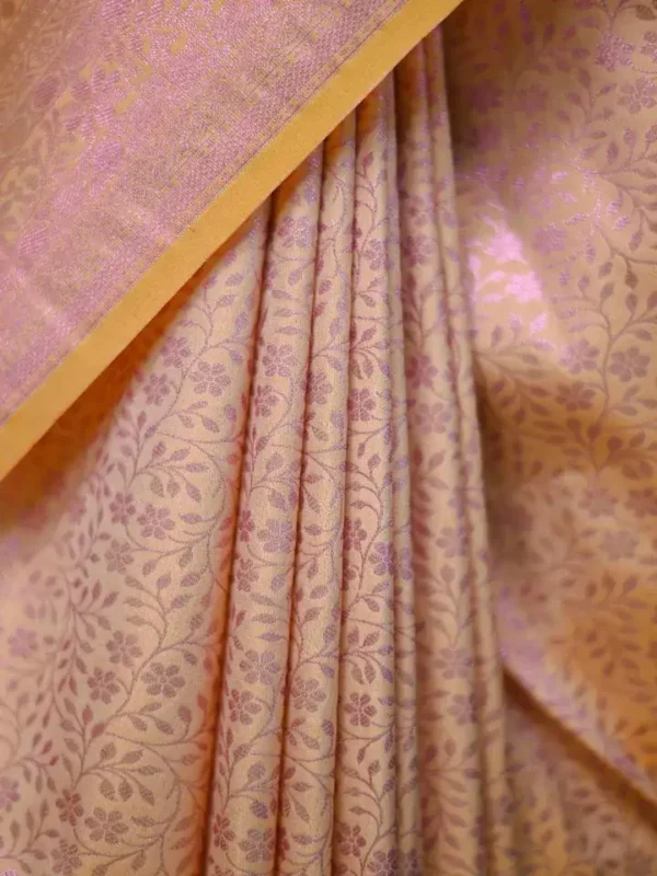 Peach with purple border kanjivaram work on Pure silk saree