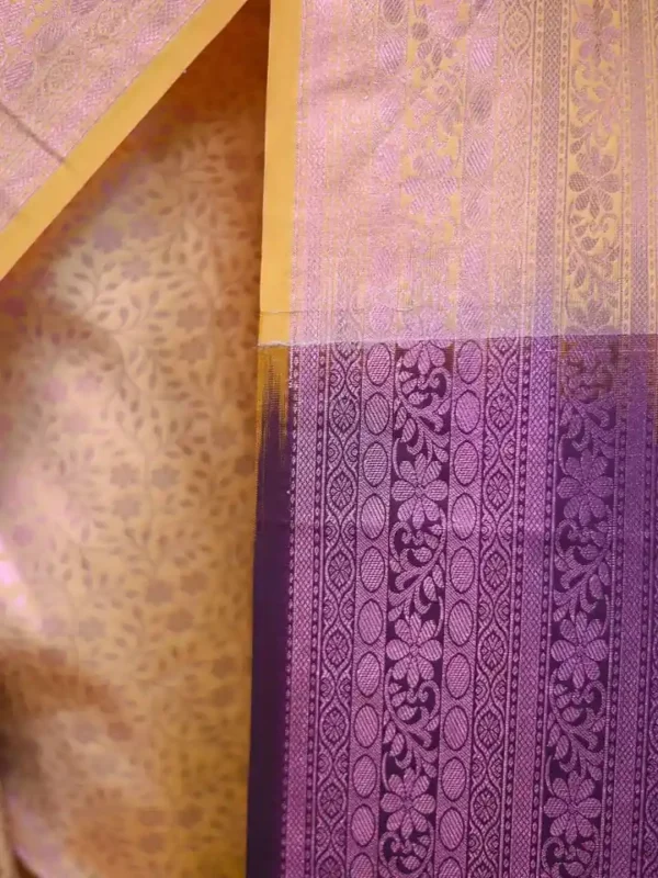 Peach with purple border kanjivaram work on Pure silk saree