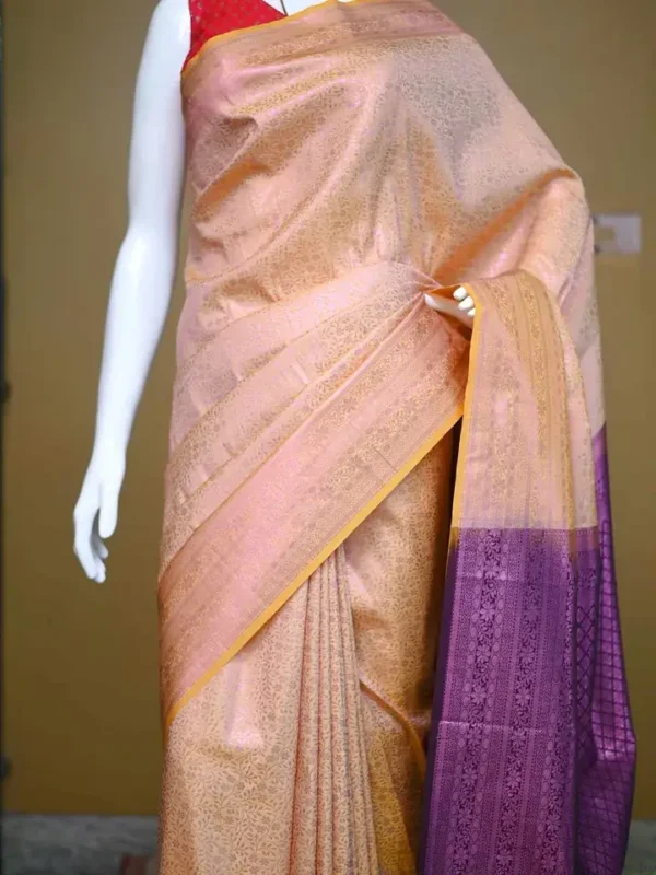 Peach with purple border kanjivaram work on Pure silk saree