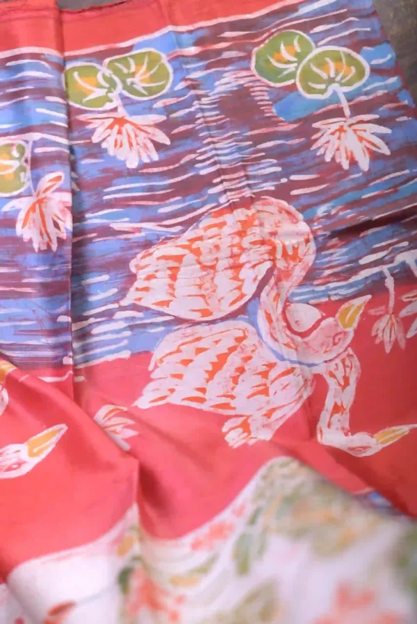 Pink color body with Hand Paint Batik on Pure Silk Saree