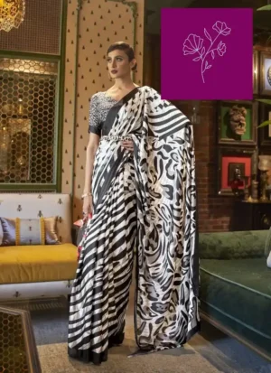 White with Black Tiger digital print on Pure Satin saree