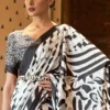 White with Black Tiger digital print on Pure Satin saree