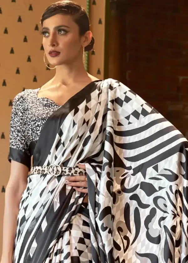 White with Black Tiger digital print on Pure Satin saree