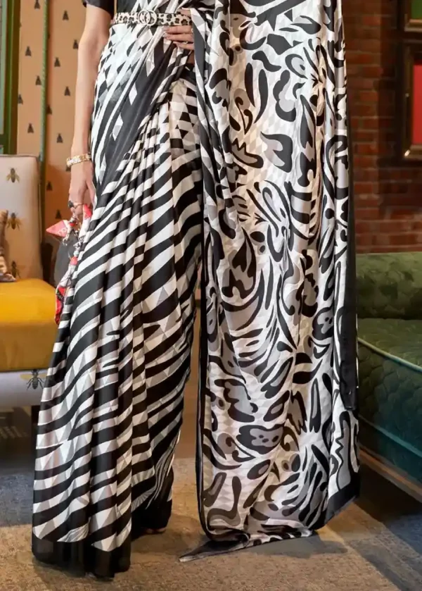 White with Black Tiger digital print on Pure Satin saree