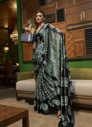 Light green and black Shibari printed Satin saree