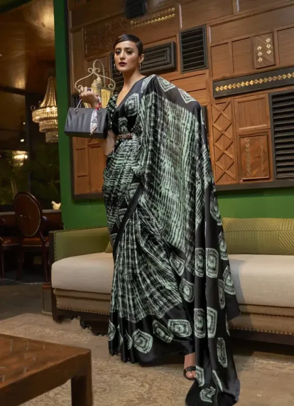 Light green and black Shibari printed Satin saree