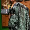 Light green and black Shibari printed Satin saree