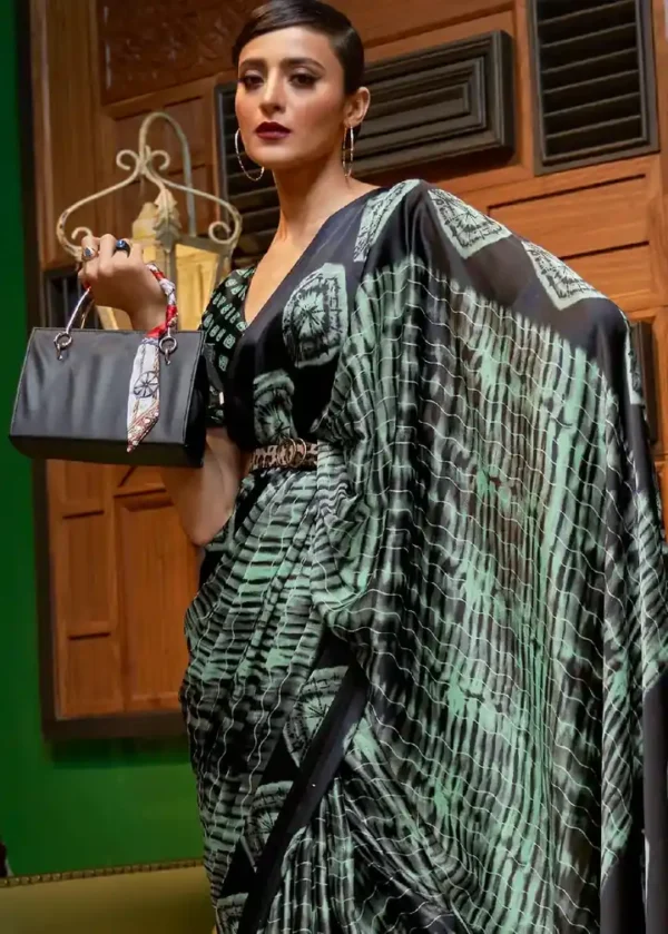 Light green and black Shibari printed Satin saree