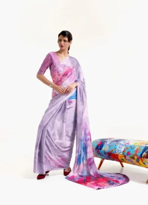 Lavender on multicolor floral digital print on Pure Satin saree