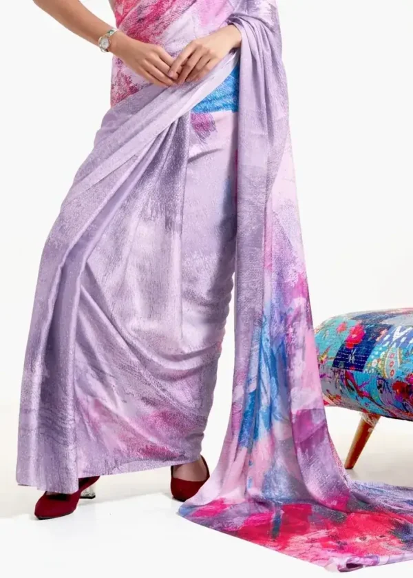 Lavender on multicolor floral digital print on Pure Satin saree