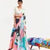 Off white with multicolor digital print on Pure Satin saree